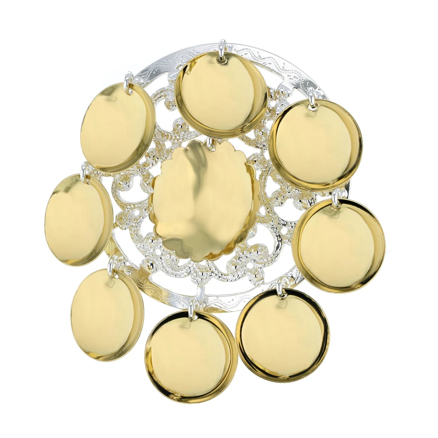 Sølje med store forgylte lauv. Det midterste lauvet er dekorativt med buer rundt.