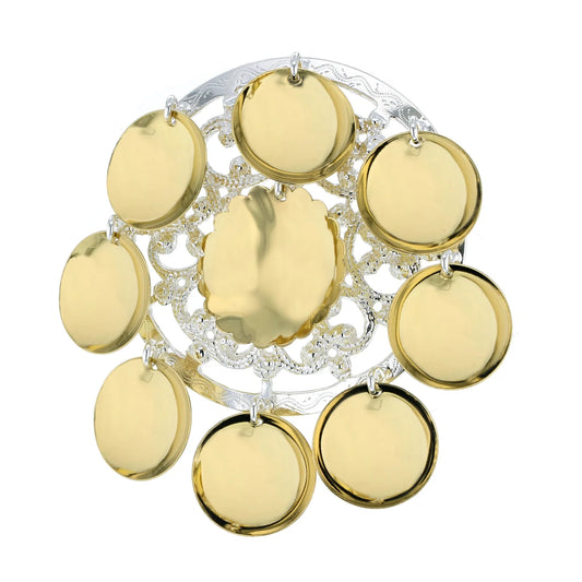 Sølje med store forgylte lauv. Det midterste lauvet er dekorativt med buer rundt.